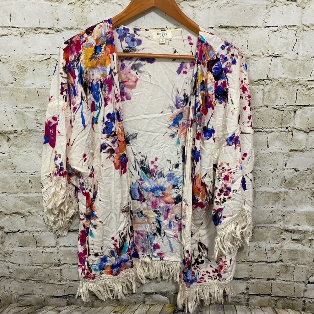 Umgee Cream Floral Fringe Short Sleeve Cardigan Kimono